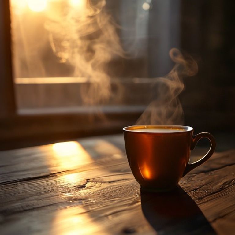 Steaming cup of herbal tea on a wooden surface with evening light